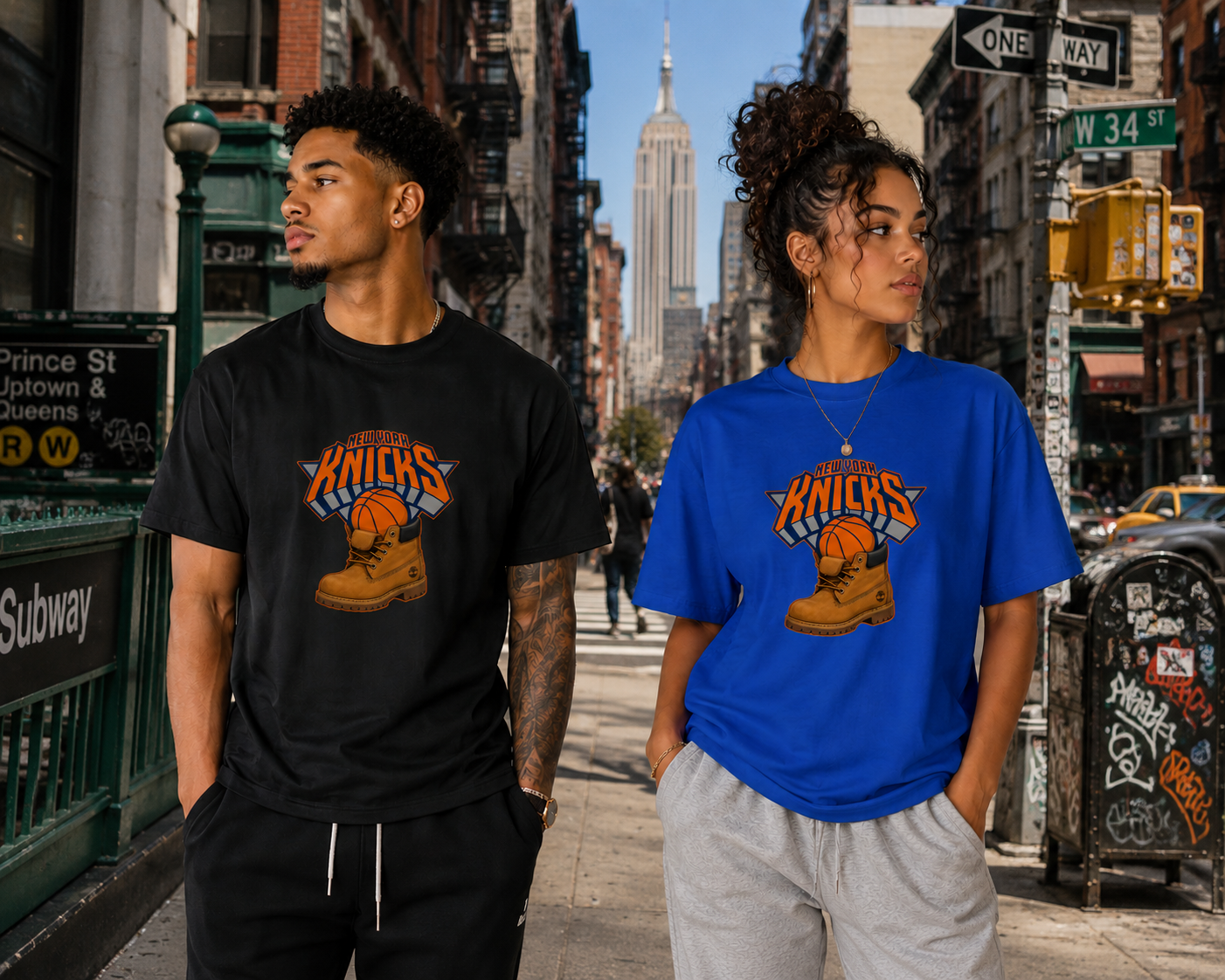 Two people wearing Knicks-themed t-shirts on a city street with the Empire State Building in the background.